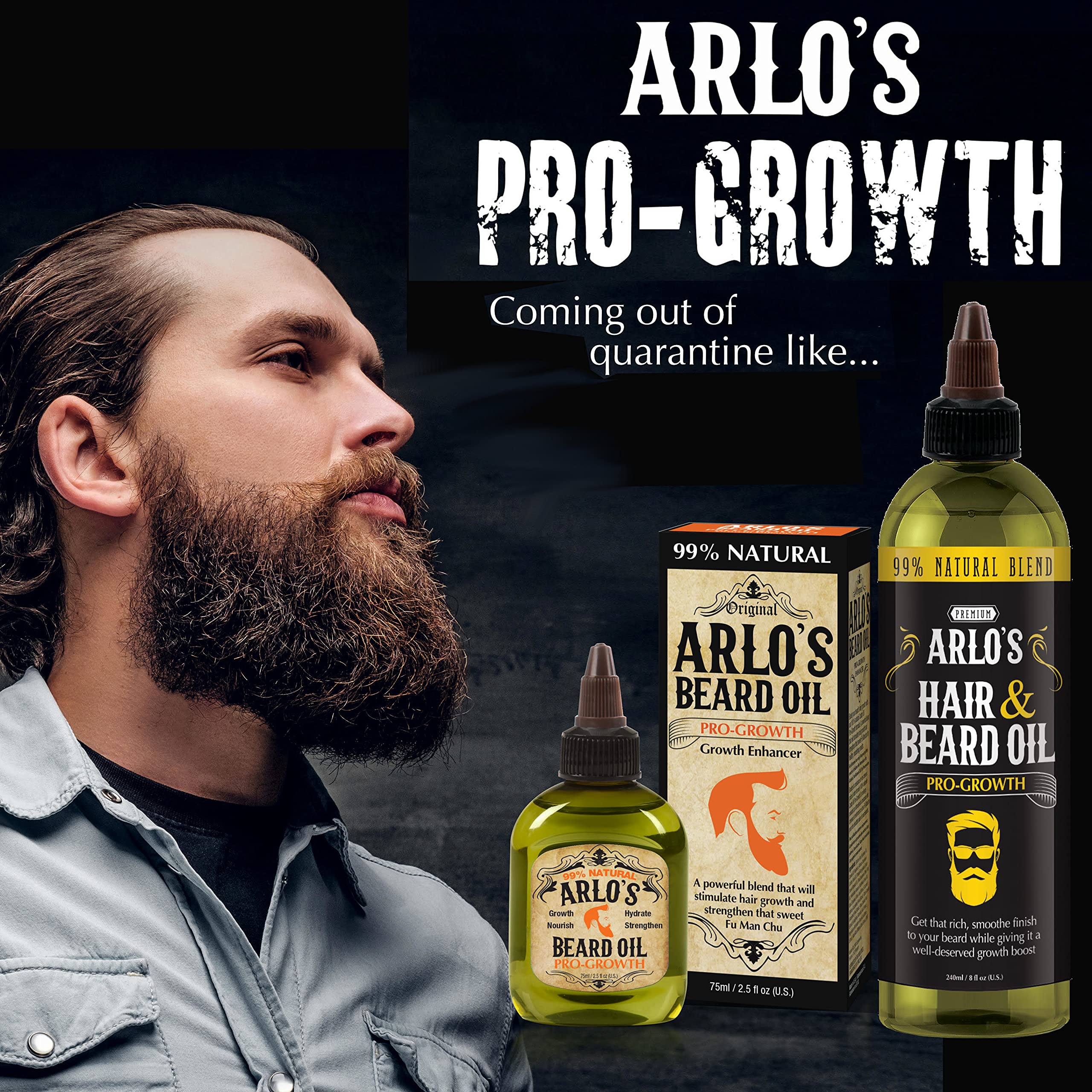 Arlo's Pro-Growth oil bottle proudly labeled Made in USA.