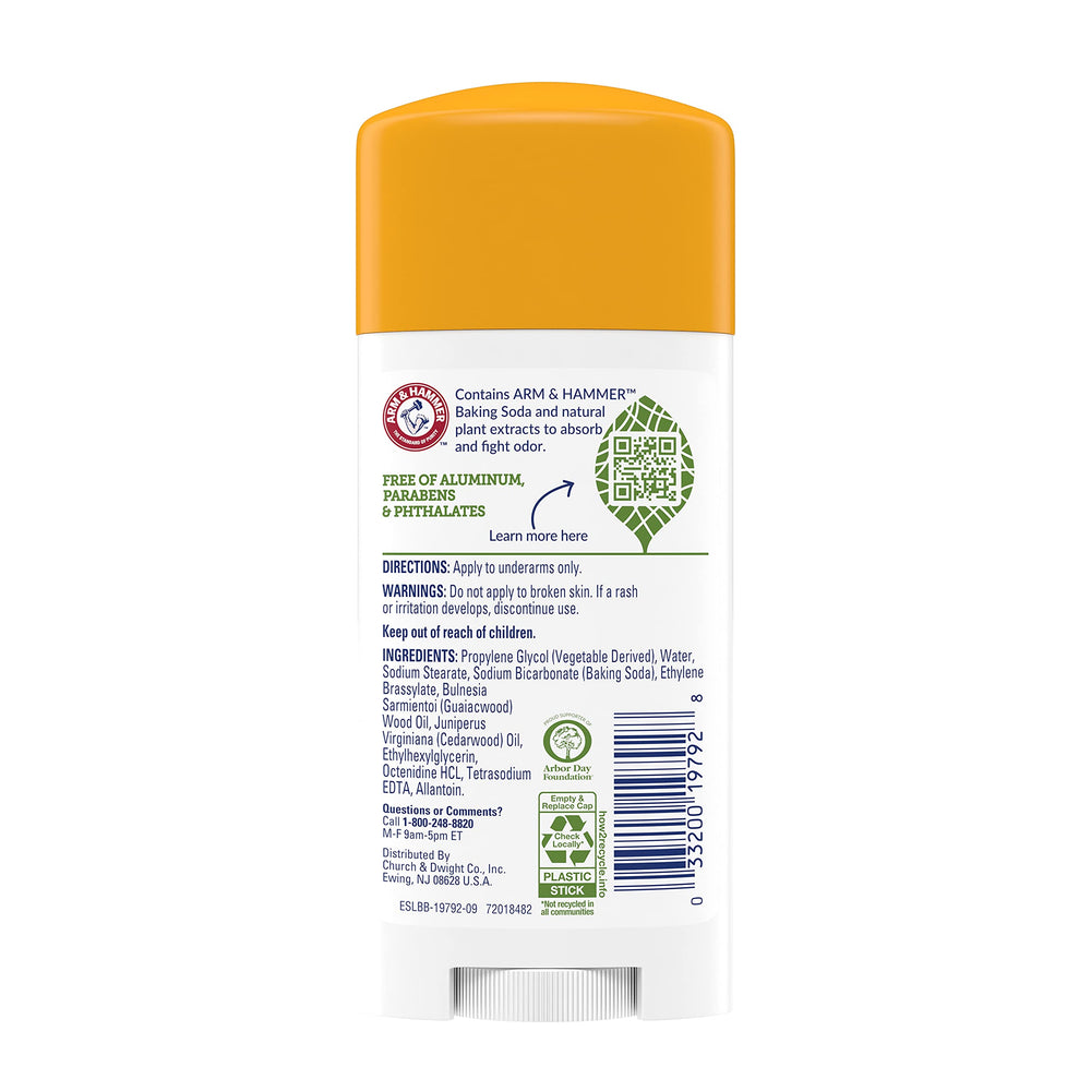 Arm & Hammer Essentials aluminum-free label detail highlighting ingredients and fragrance-free formula.