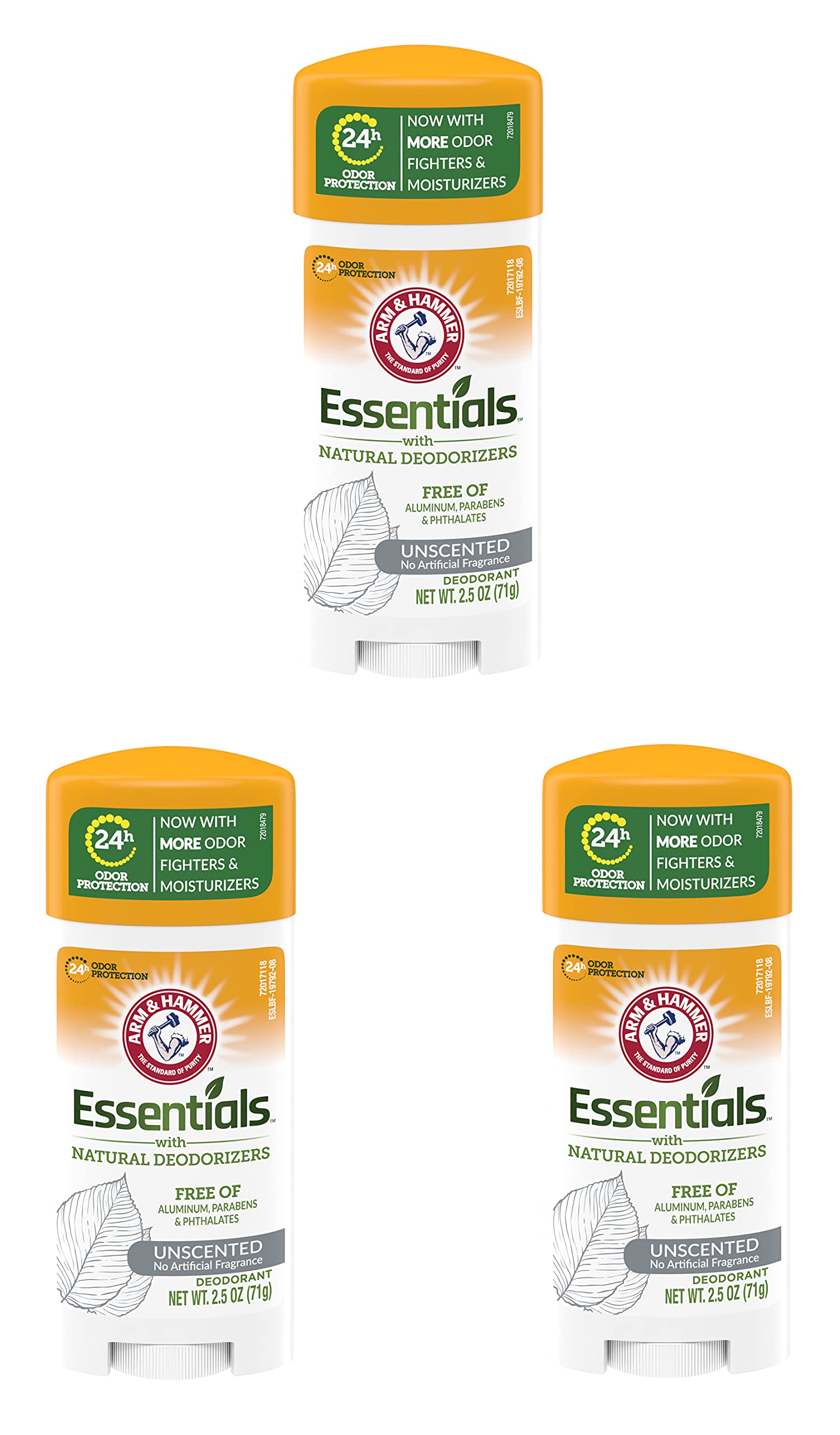 Arm & Hammer Essentials Unscented Deodorant Stick shows aluminum-free daily odor protection.