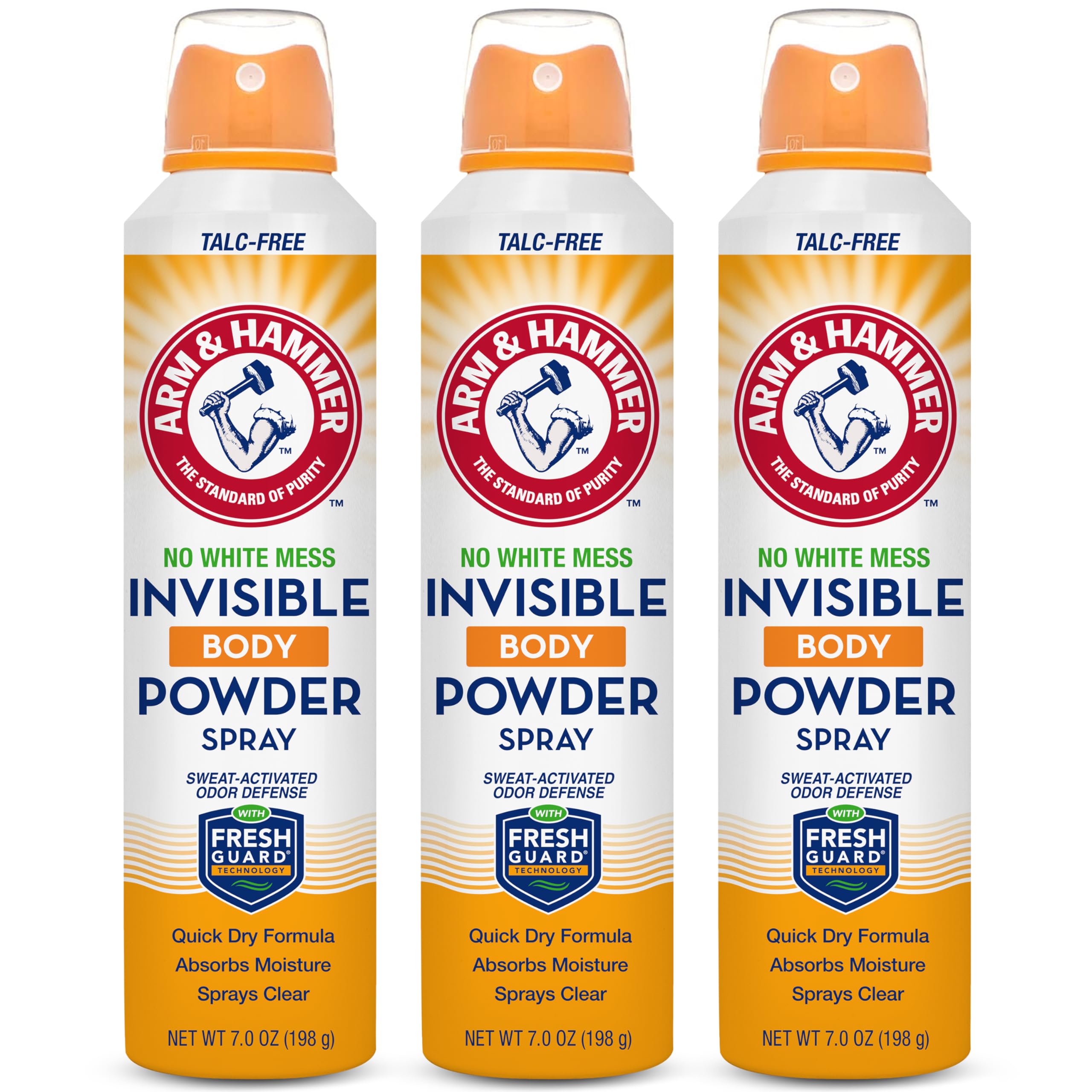 Arm & Hammer Invisible Body Powder Spray bottle closeup showing talc-free, clear-drying formula.