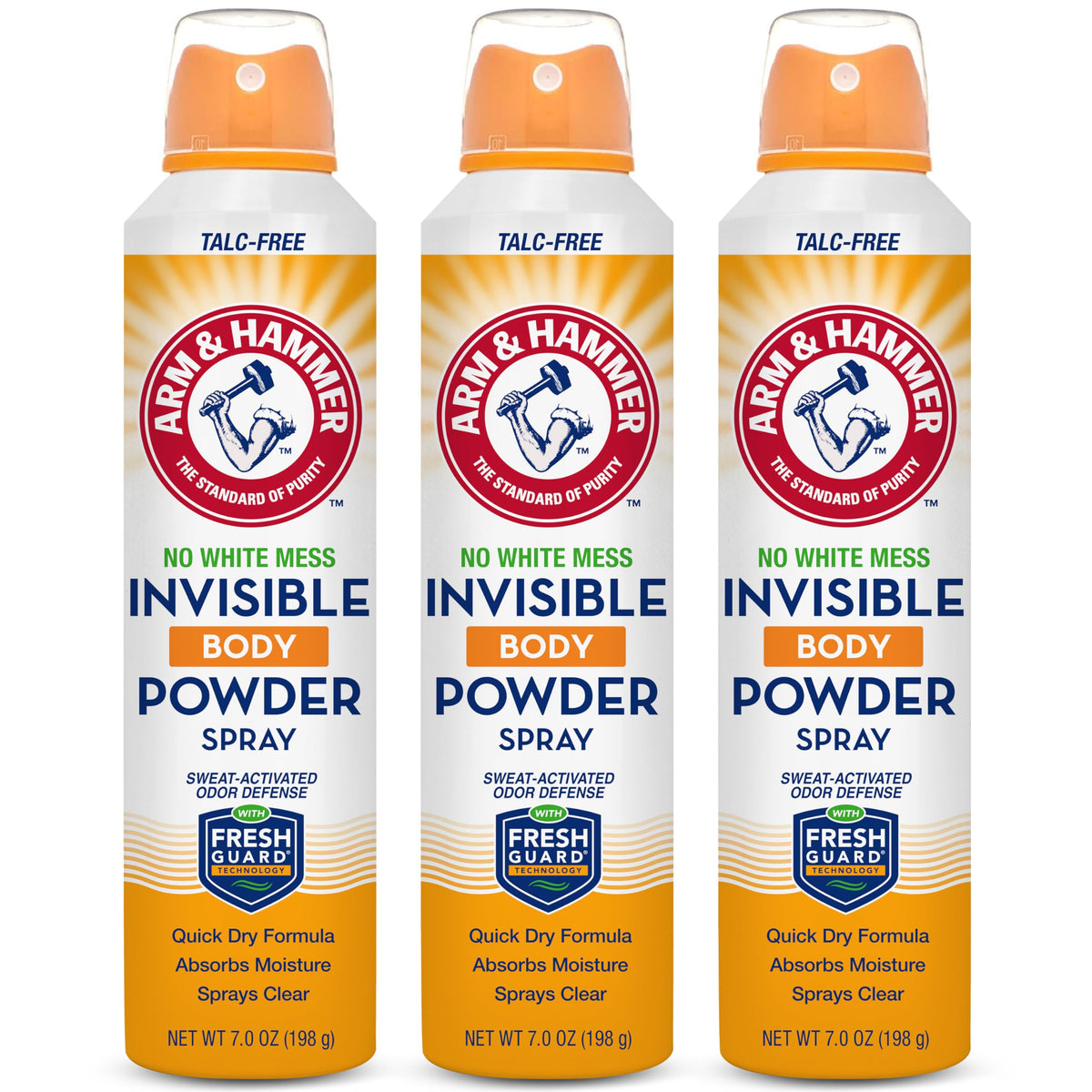 Arm & Hammer Invisible Body Powder Spray bottle closeup showing talc-free, clear-drying formula.