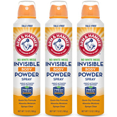 Arm & Hammer Invisible Body Powder Spray bottle closeup showing talc-free, clear-drying formula.