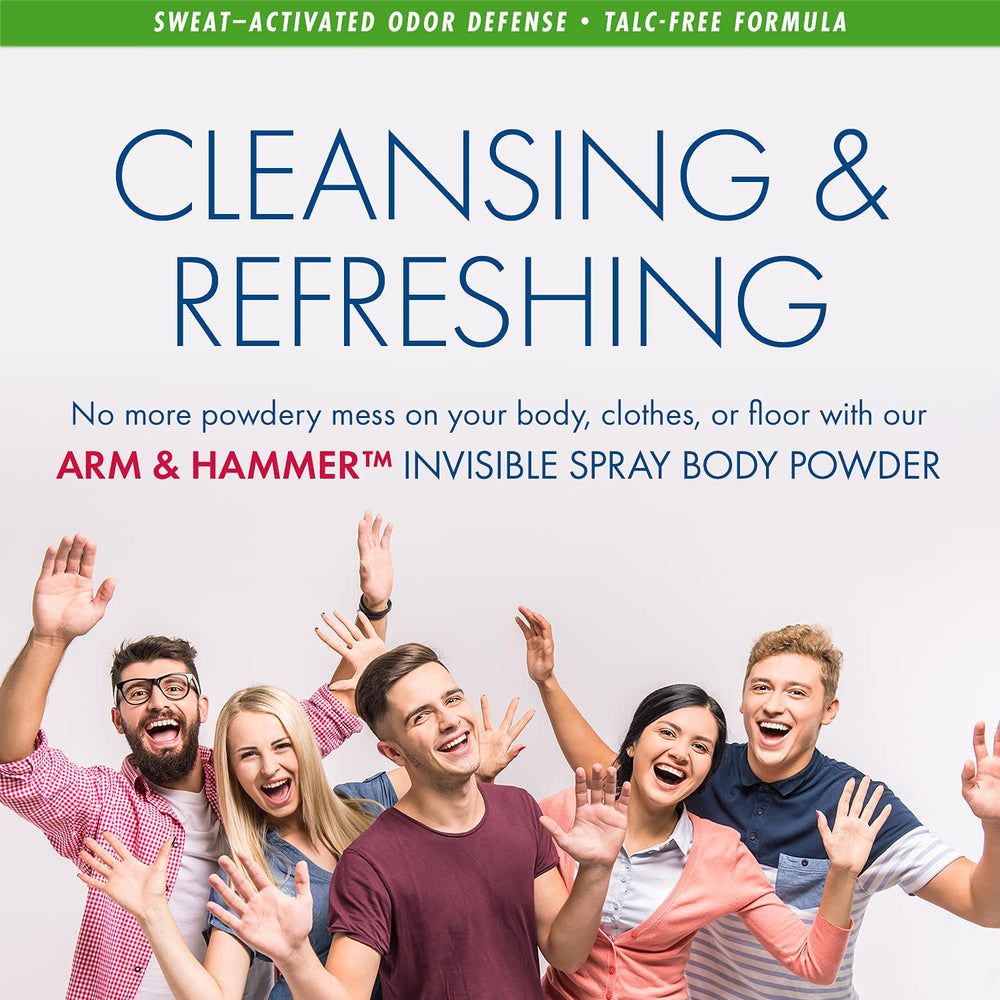 Arm & Hammer Invisible Body Powder Spray mist application demonstrates easy daily use.