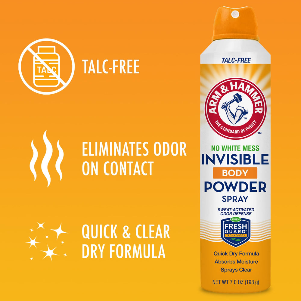 Arm & Hammer Invisible Body Powder Spray odor-control technology in action.