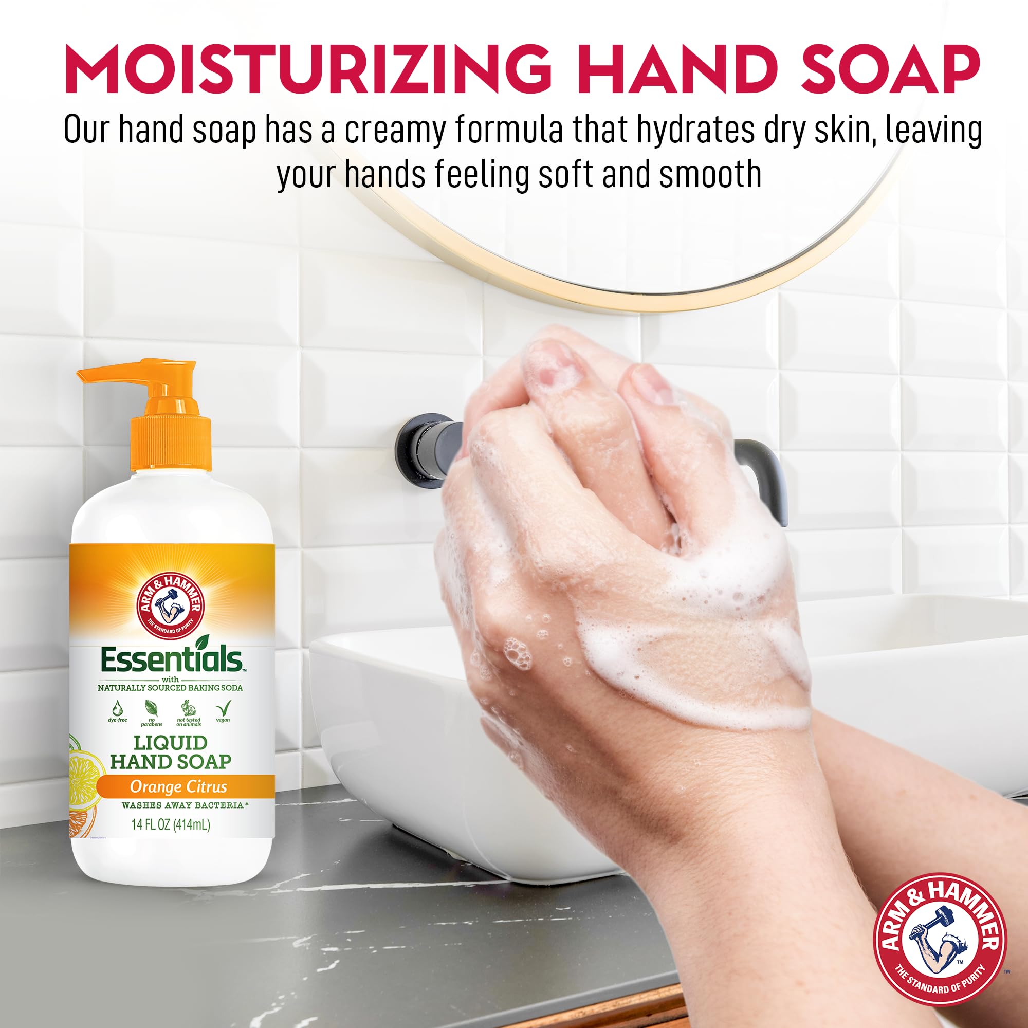 Arm & Hammer bottle illustrating skin-softening benefits after use.