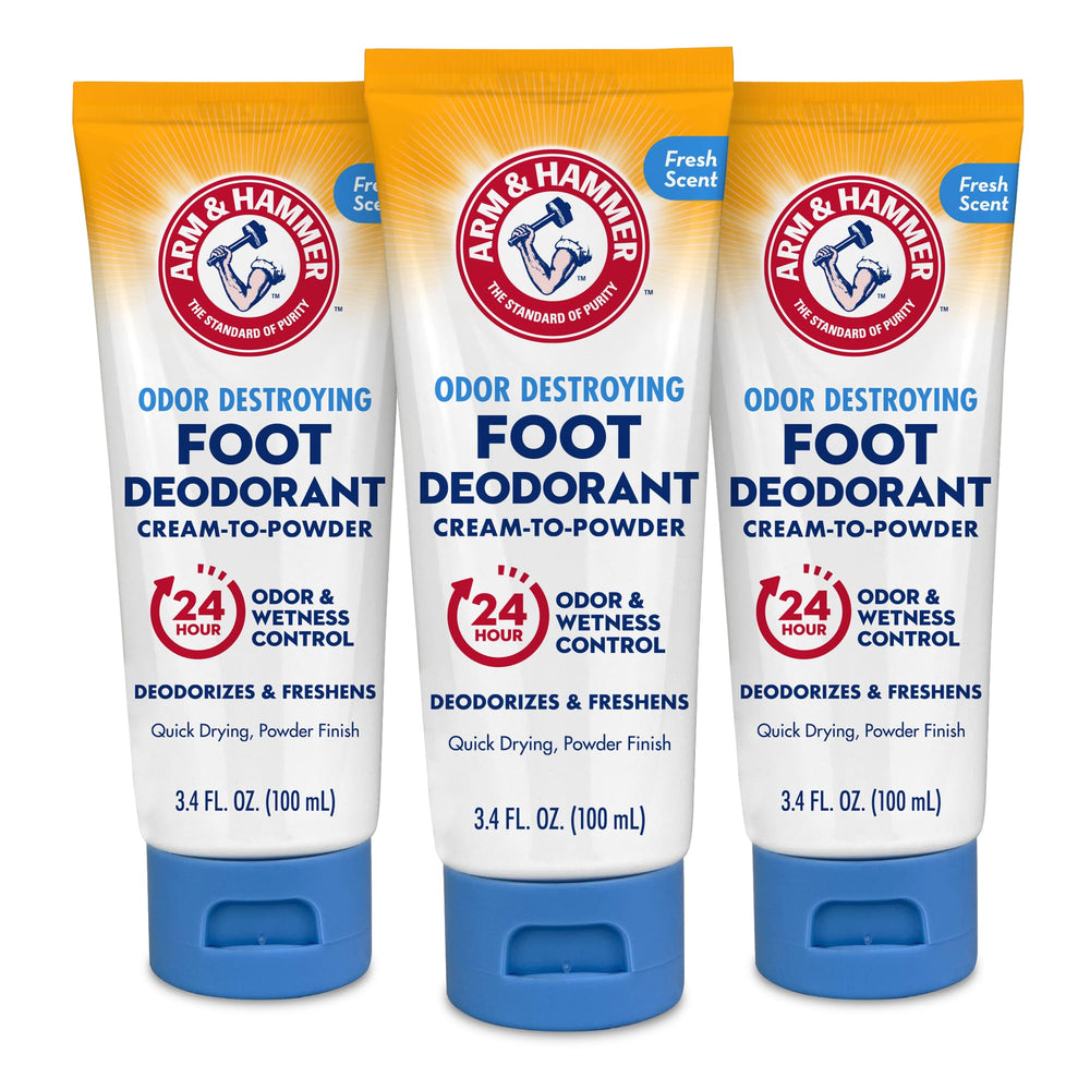 Arm & Hammer Cream to Powder Foot Deodorant packaging in a 3-pack for daily protection