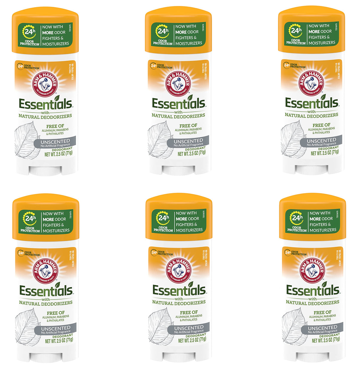 Arm & Hammer Essentials Solid Deodorant unscented 6-pack box highlights fragrance-free aluminum-free odor-control option.