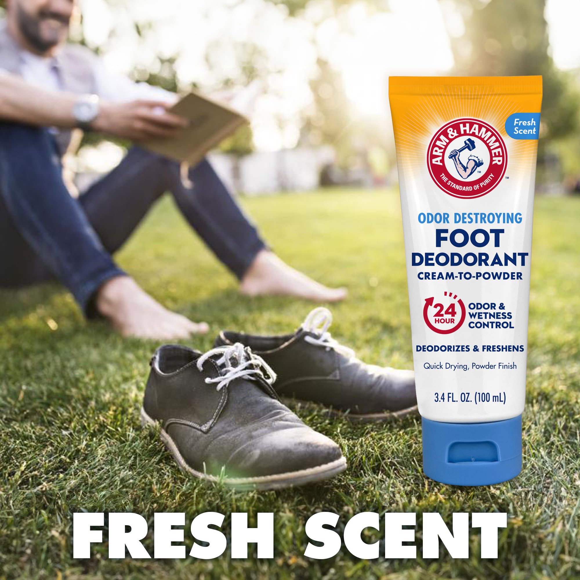 Dermatologist-tested Arm & Hammer foot deodorant label close-up
