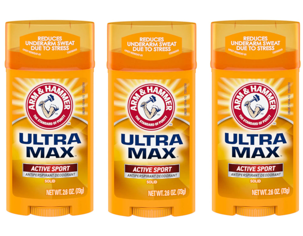 Arm and Hammer Ultra Max Active Sport deodorant stick close-up highlighting solid all-day protection.
