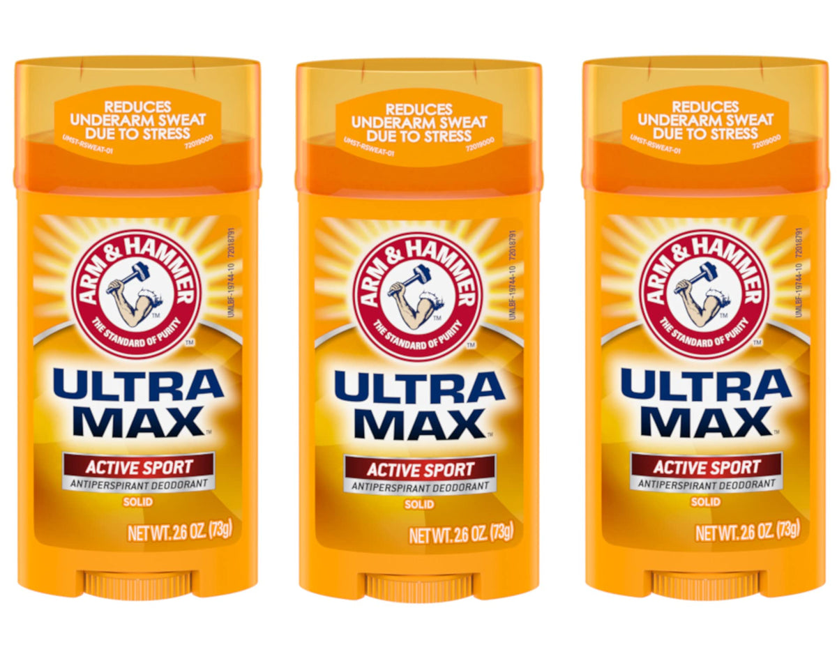 Arm and Hammer Ultra Max Active Sport deodorant stick close-up highlighting solid all-day protection.