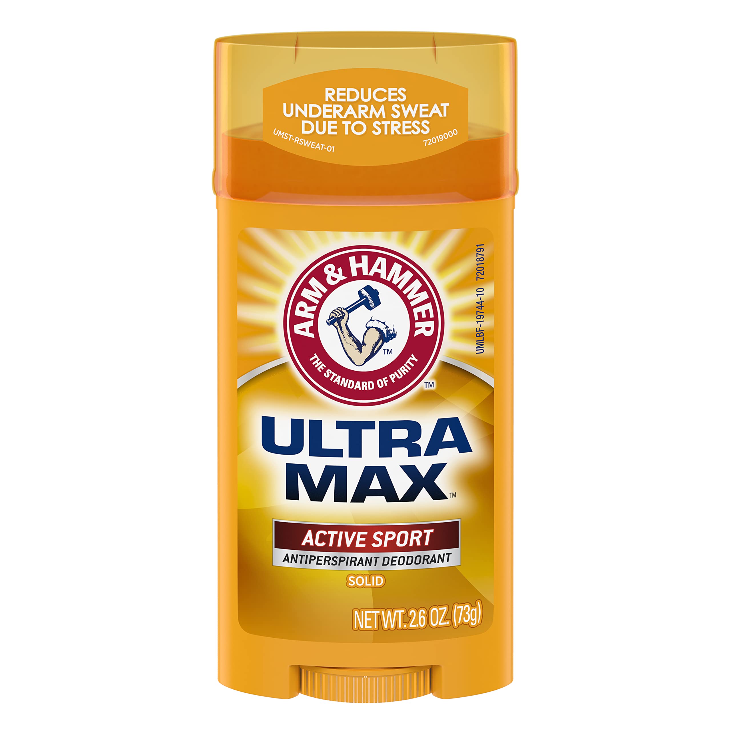 Arm and Hammer Ultra Max Active Sport packaging hints at amber and sandalwood fragrance with citrus notes.