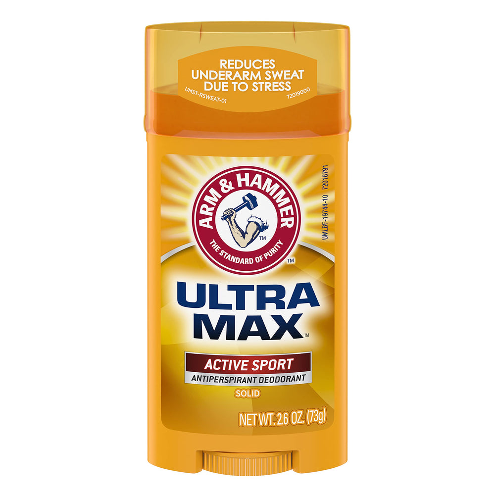 Arm and Hammer Ultra Max Active Sport packaging hints at amber and sandalwood fragrance with citrus notes.