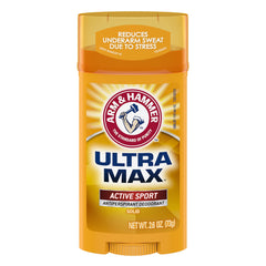 Arm and Hammer Ultra Max Active Sport packaging hints at amber and sandalwood fragrance with citrus notes.
