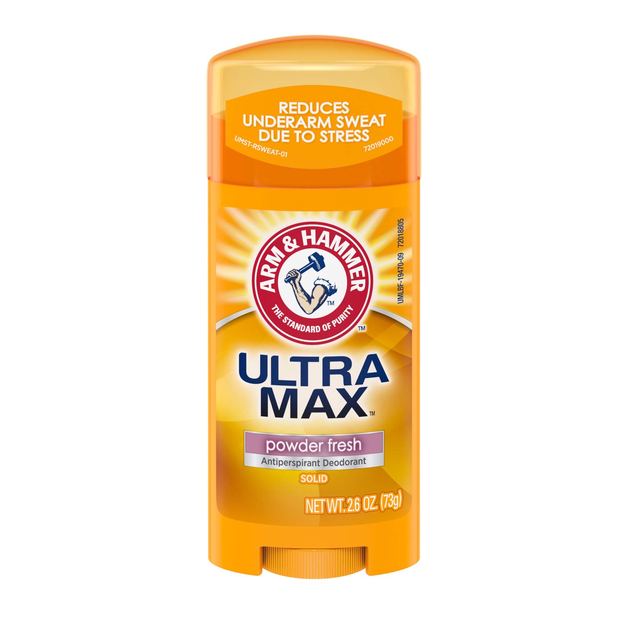 Arm & Hammer Ultra Max deodorant stick six-pack shows powder fresh scent for all-day protection.