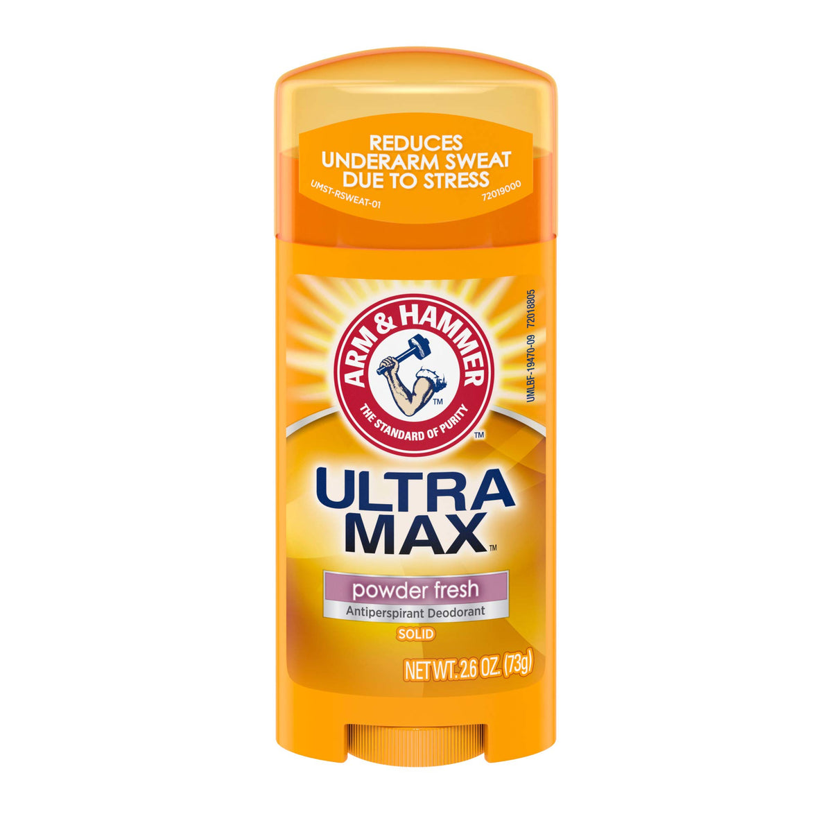 Arm & Hammer Ultra Max deodorant stick six-pack shows powder fresh scent for all-day protection.