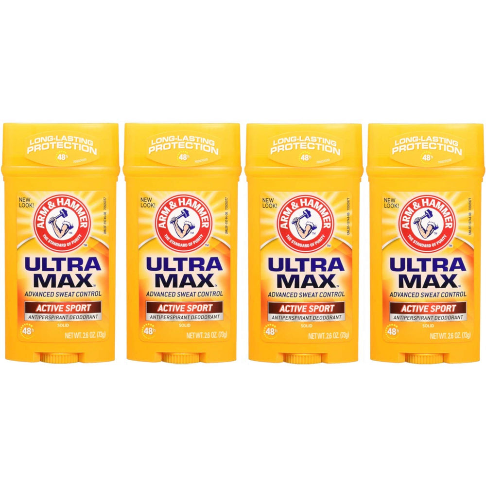 Arm & Hammer Ultramax Active Sport antiperspirant stick, easy application for daily freshness.