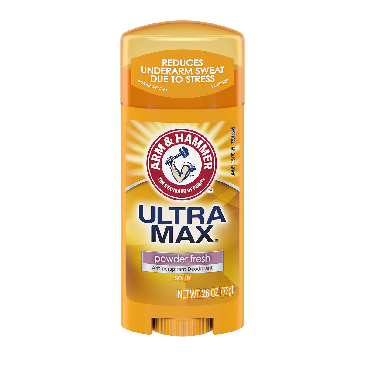 Arm & Hammer Ultramax anti-perspirant solid powder fresh packaging close-up for all-day protection.