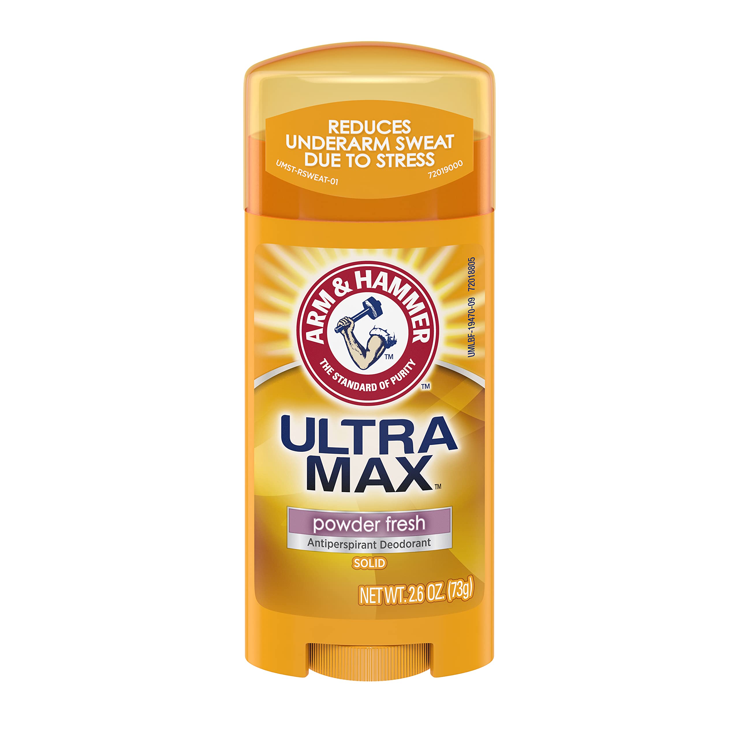 Arm & Hammer Ultramax anti-perspirant solid powder fresh product shot showing compact 2.6 oz stick for daily freshness.