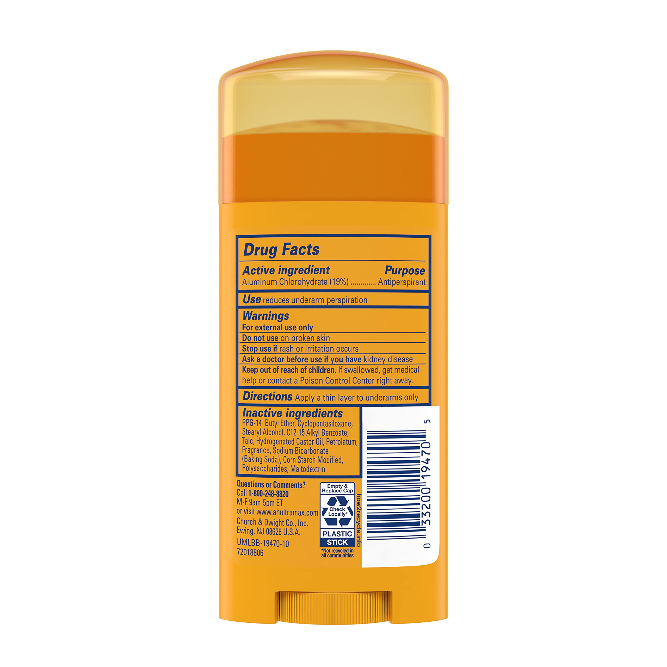 Arm & Hammer Ultramax 12-pack display featuring powder-fresh deodorant sticks for reliable odor control.
