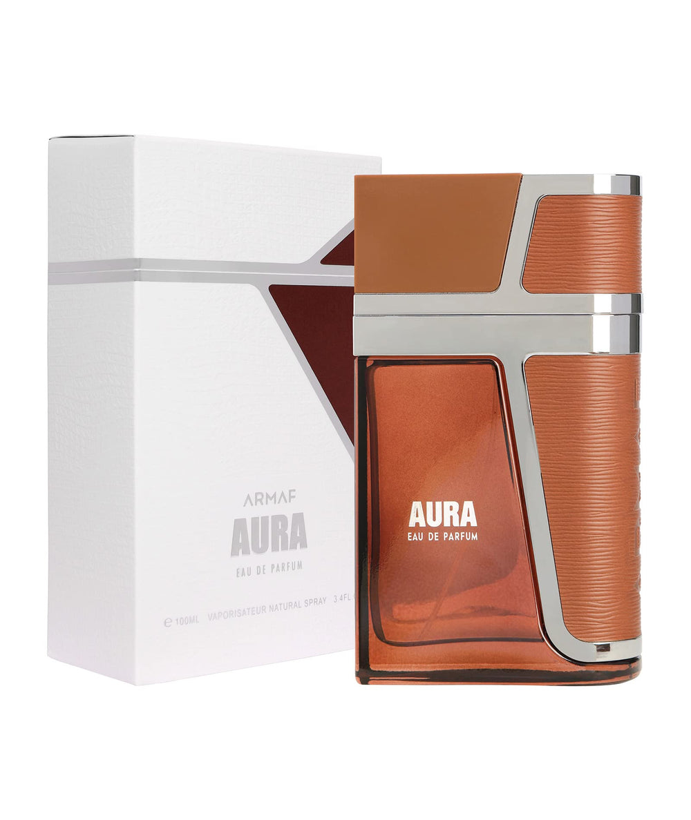 Armaf Aura for Men bottle front highlights a bold amber-spice vibe for daily confidence.
