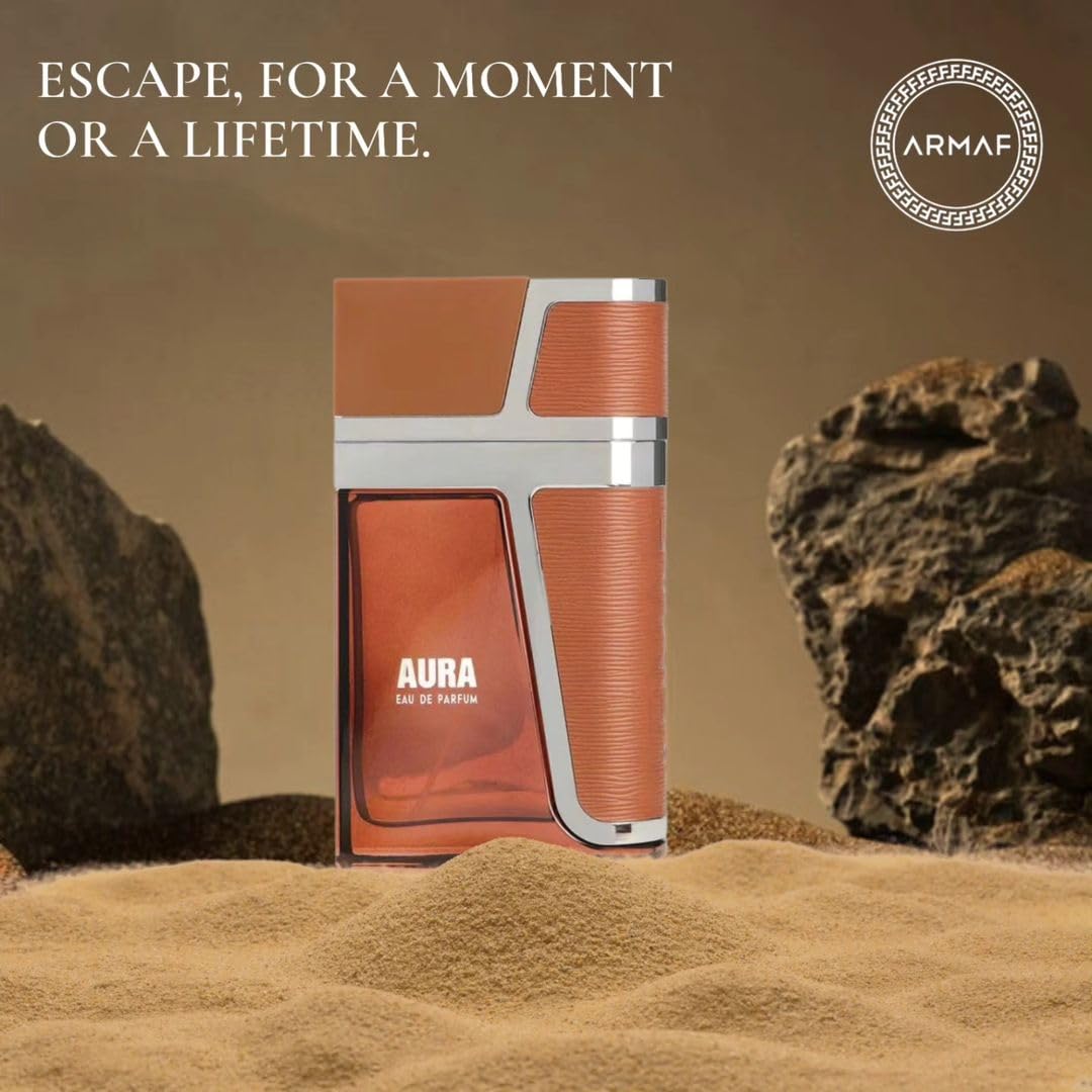 Armaf Aura for Men on wooden background evokes classic sophistication and everyday charm.
