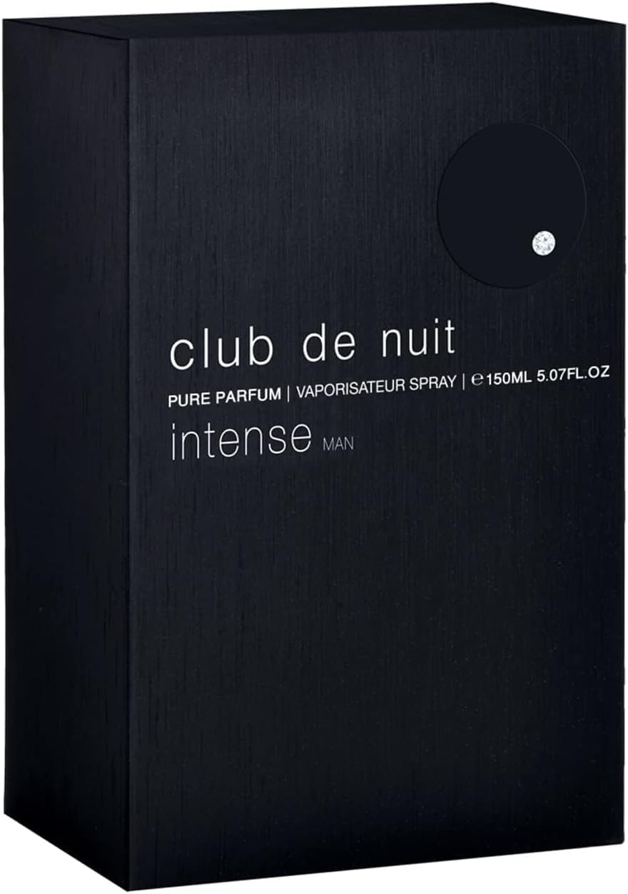 Armaf Club De Nuit Intense fragrance notes near the bottle highlight spice and depth.