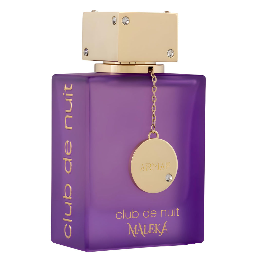 Armaf Club De Nuit Maleka bottle closeup emphasizes delicate glass and glow.