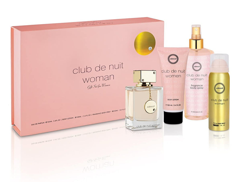 Armaf Club De Nuit Women 4pc Gift Set EDP spray displays elegant daily fragrance.