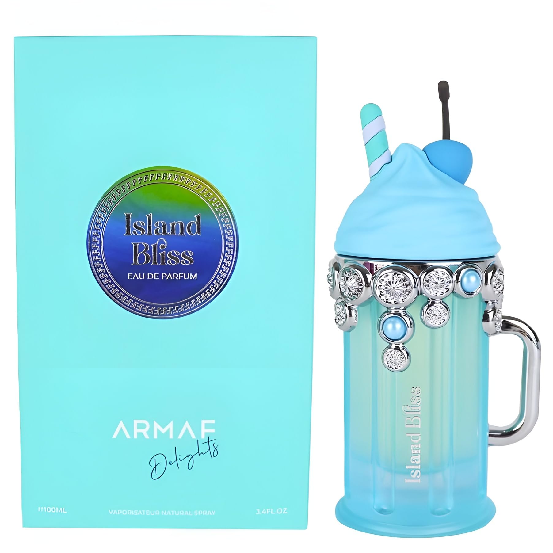Armaf Delights Island Bliss bottle on driftwood conveys coastal freshness.