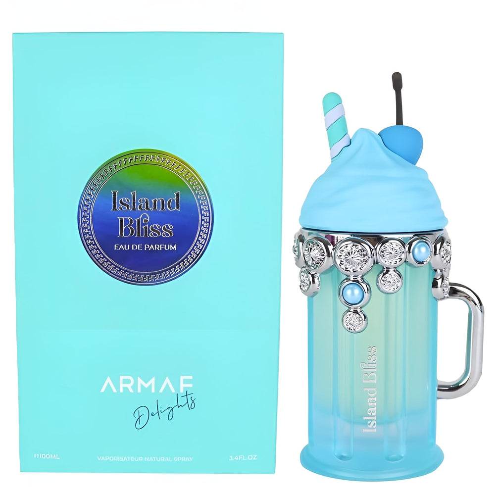 Armaf Delights Island Bliss bottle on driftwood conveys coastal freshness.