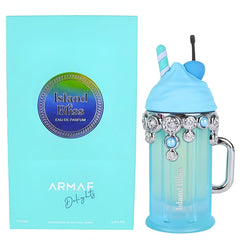 Armaf Delights Island Bliss bottle on driftwood conveys coastal freshness.