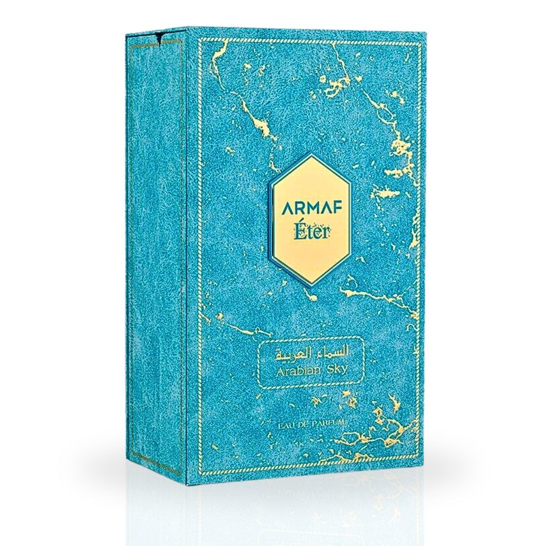 ARMAF Eter Arabian Sky EDP packaging-box scene conveys unboxing curiosity and gift-ready presentation.