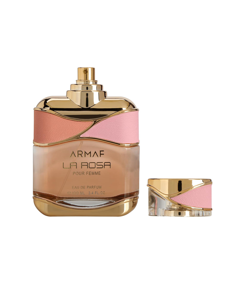 Armaf La Rosa Pour Femme close-up on rose-toned glass highlights lush bouquet for daily wear