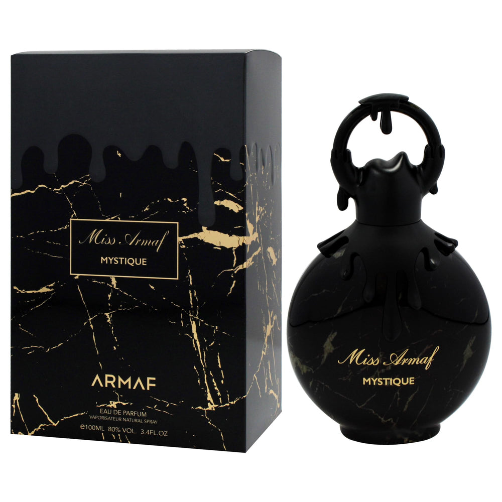 Armaf Miss Mystique label shows 3.4 oz size and value.