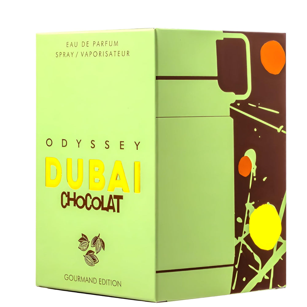 Armaf Odyssey bottle with dessert-themed backdrop evokes gourmand luxury.