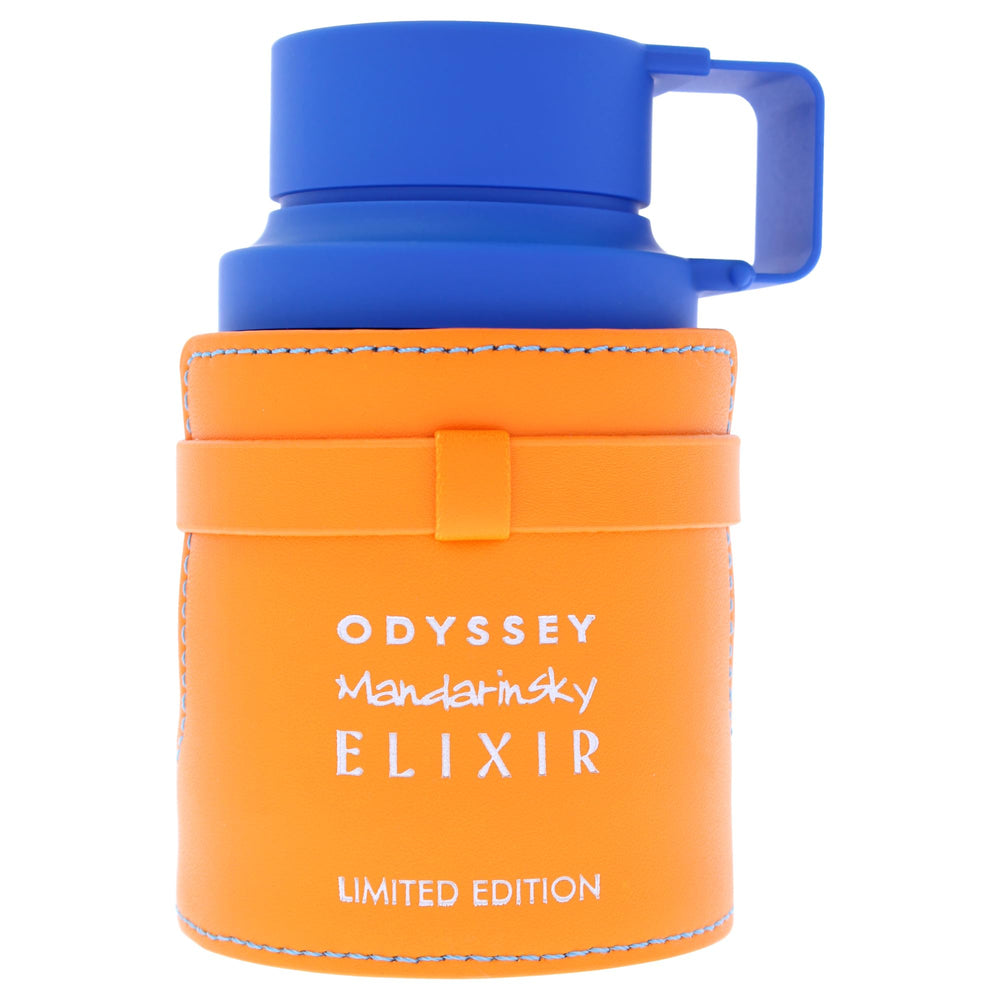 Armaf Odyssey Mandarin Sky Elixir bottle closeup, vibrant mandarin notes and amber warmth.
