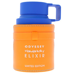 Armaf Odyssey Mandarin Sky Elixir bottle closeup, vibrant mandarin notes and amber warmth.