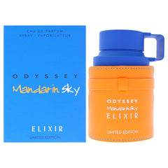 Armaf Odyssey Mandarin Sky Elixir bottle front, bold citrus presence for confident evening wear.