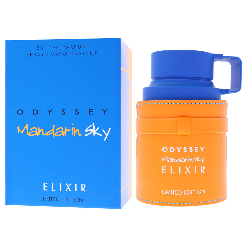 Armaf Odyssey Mandarin Sky Elixir box packaging, limited edition allure for collectors.