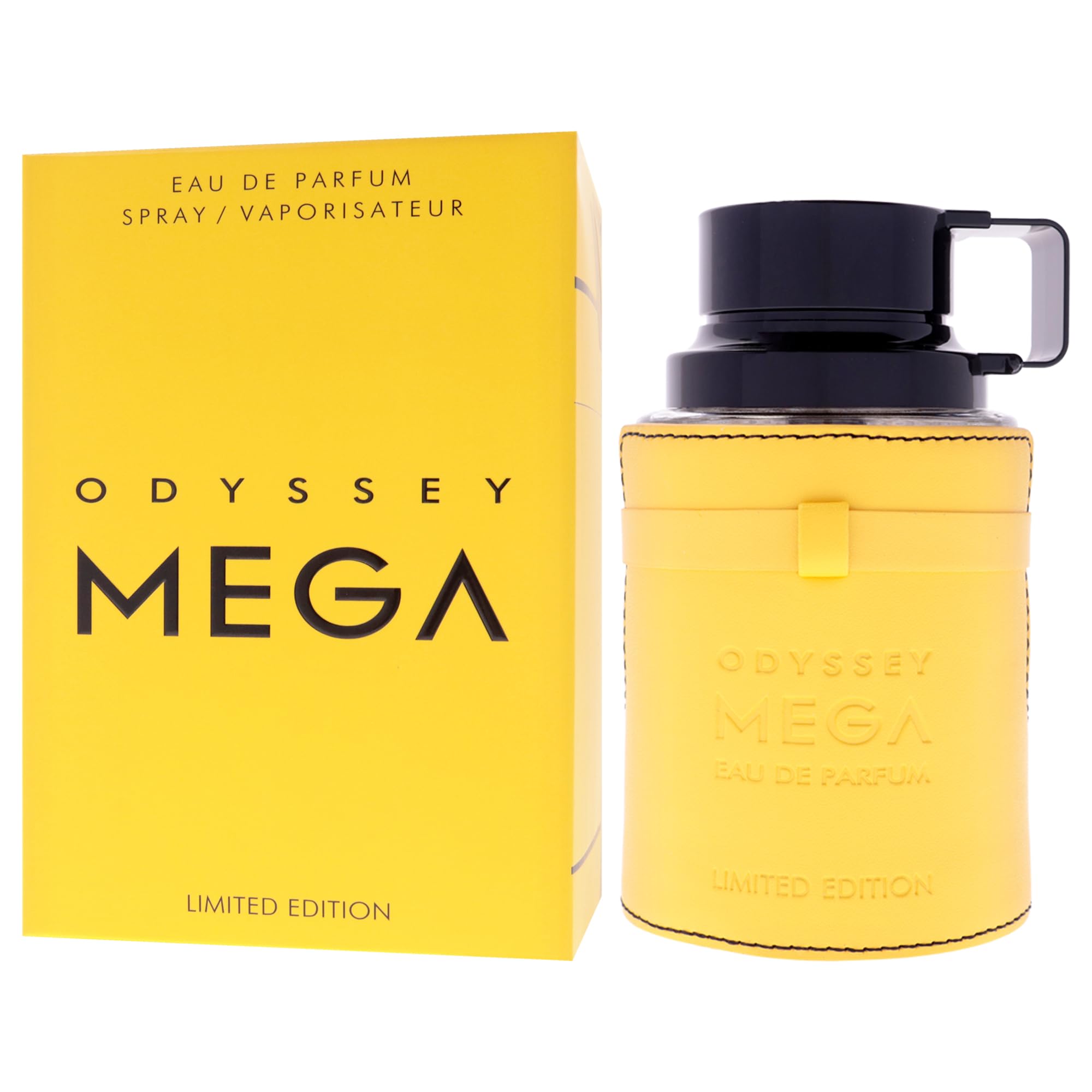 Armaf Odyssey Mega EDP outer box close-up emphasizes luxe packaging and premium branding.