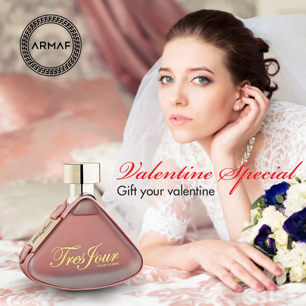 Armaf Tres Jour packaging box front conveys gift-ready luxury and elegance.