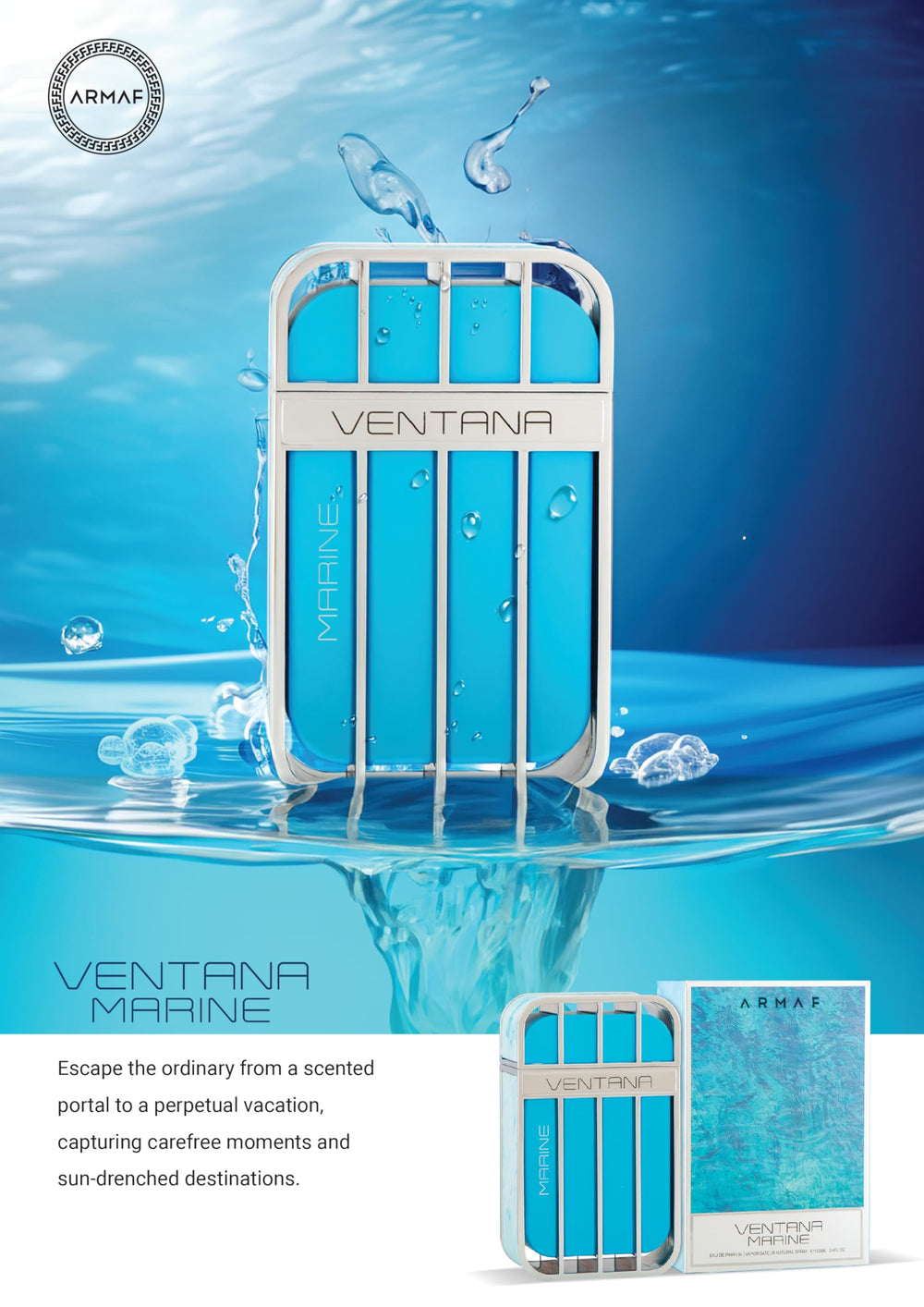 Armaf Ventana Marine beach-scene bottle evokes vacation-ready mood.