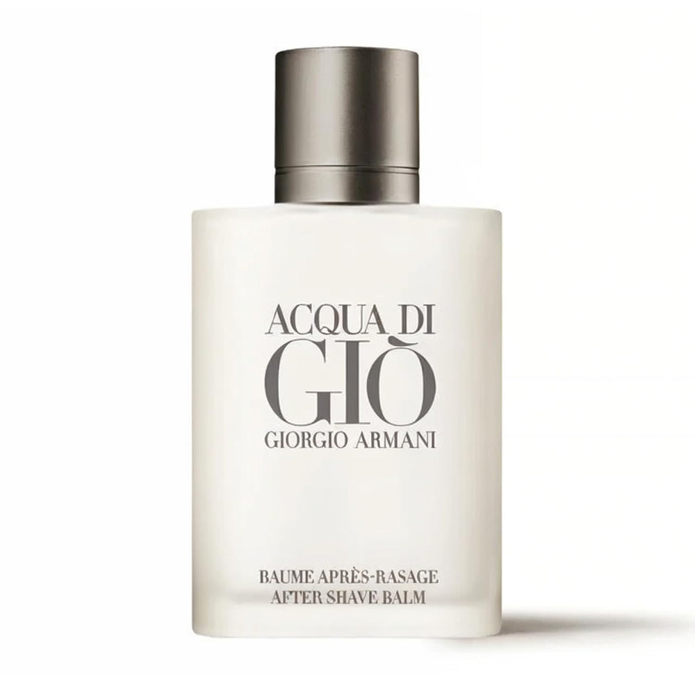 Armani Beauty Acqua di Gio balm bottle foreground for daily grooming and scent.