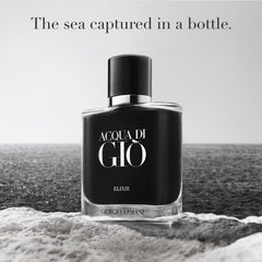Armani Beauty Elixir bottle on wood-grain backdrop highlights masculine depth