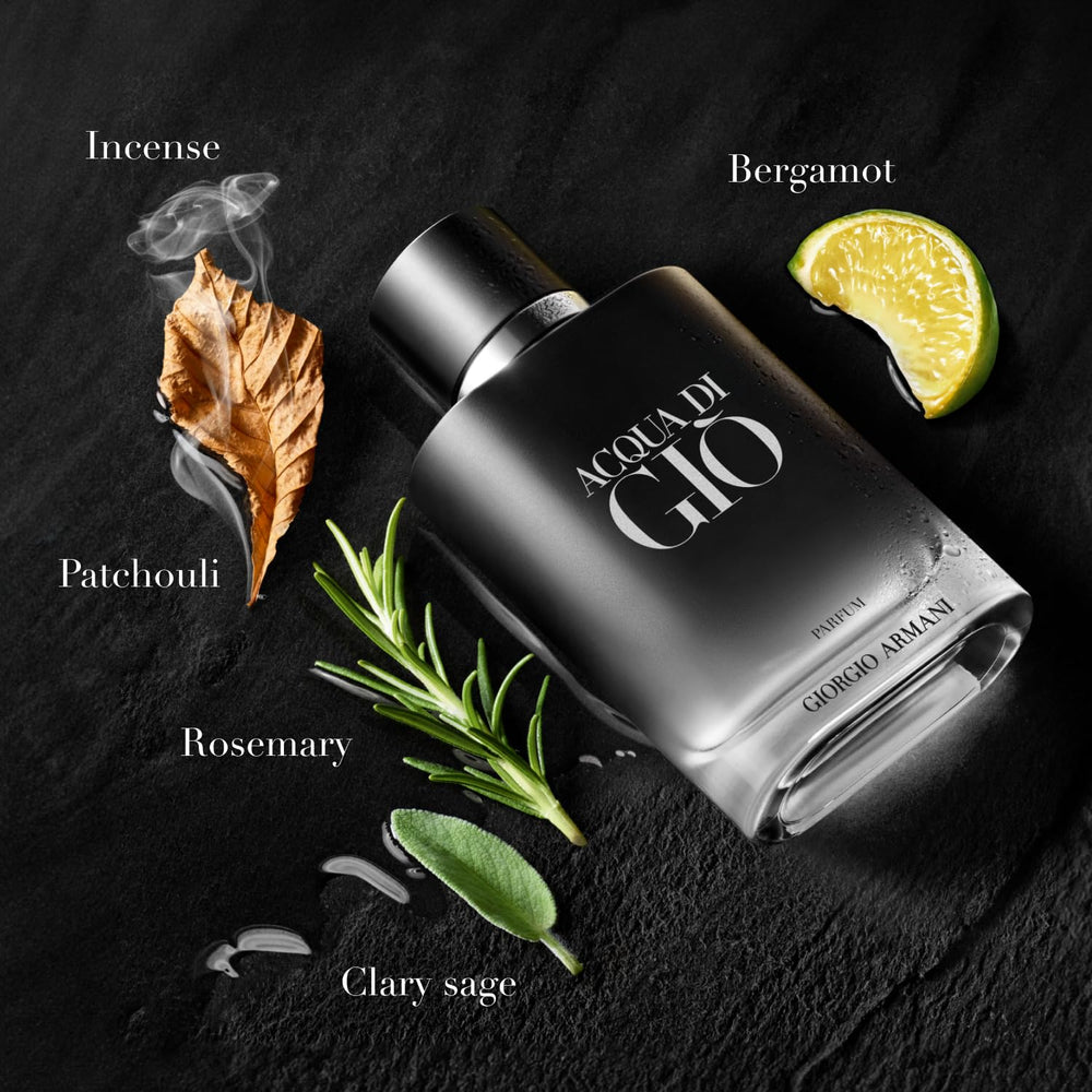 Armani Beauty Acqua di Gio Parfum cap close-up highlights magnetic cap and modern luxury.