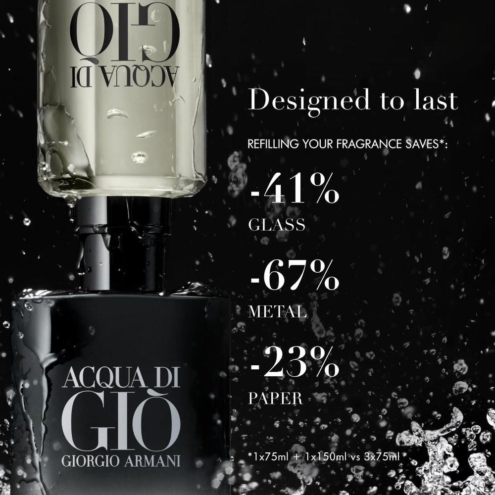 Armani Beauty Acqua di Gio Parfum sustainable sourcing and refill option for responsible scent choices.