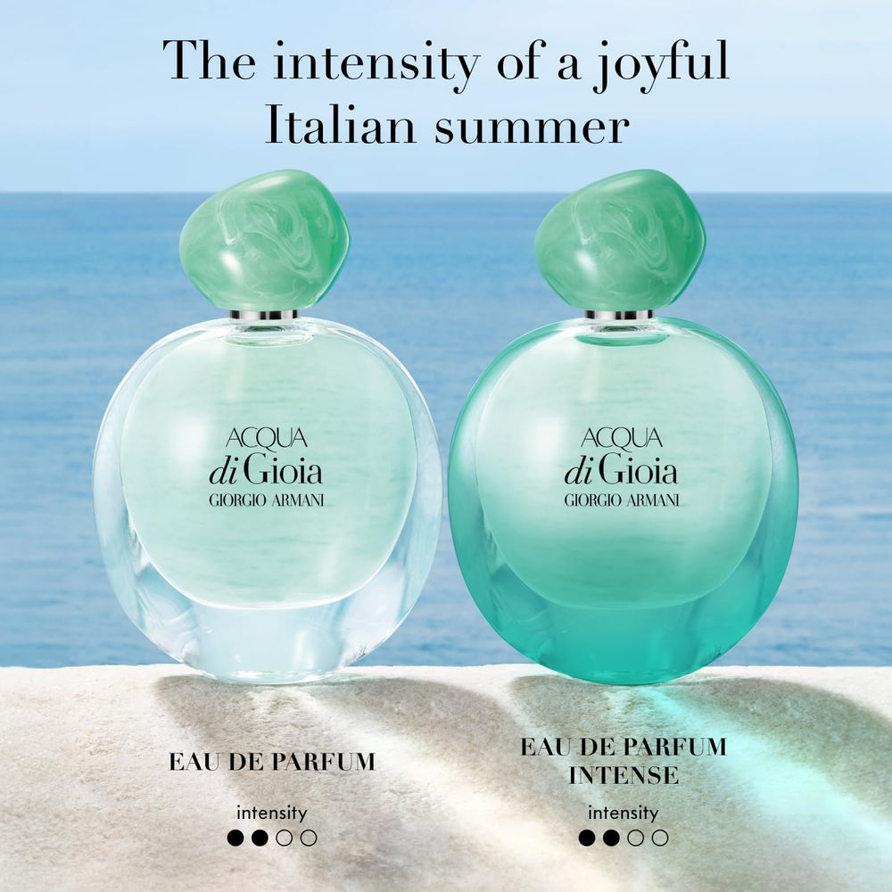 Armani Beauty Acqua di Gioia glass bottle close-up reflects clean elegance