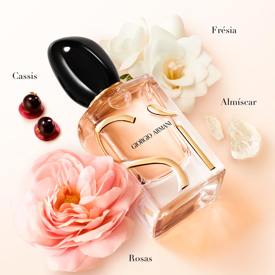 Close-up of rose de mai and freesia notes signaling fresh femininity