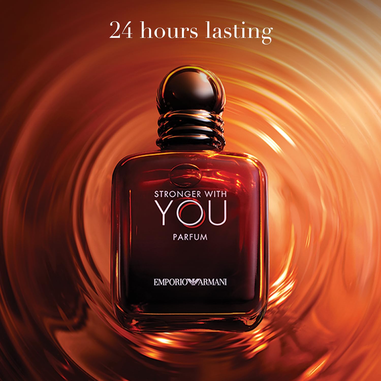 Armani Beauty Stronger With You glass-texture close-up signals luxury and tactile appeal.