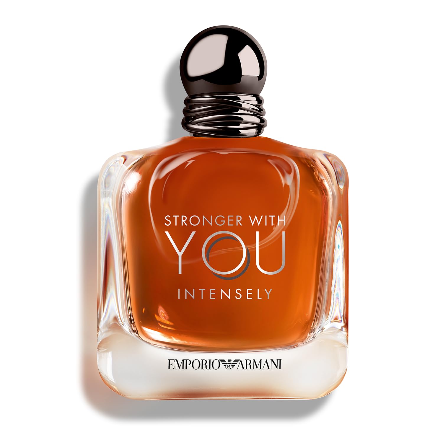 Armani Beauty Stronger With You Intensely bottle closeup shows premium design and lasting confidence.